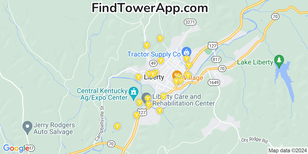 AT&T 4G/5G cell tower coverage map Liberty, Kentucky