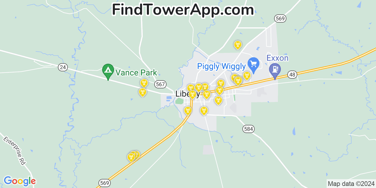 AT&T 4G/5G cell tower coverage map Liberty, Mississippi