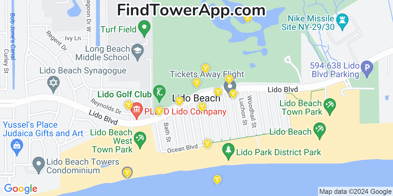 AT&T 4G/5G cell tower coverage map Lido Beach, New York
