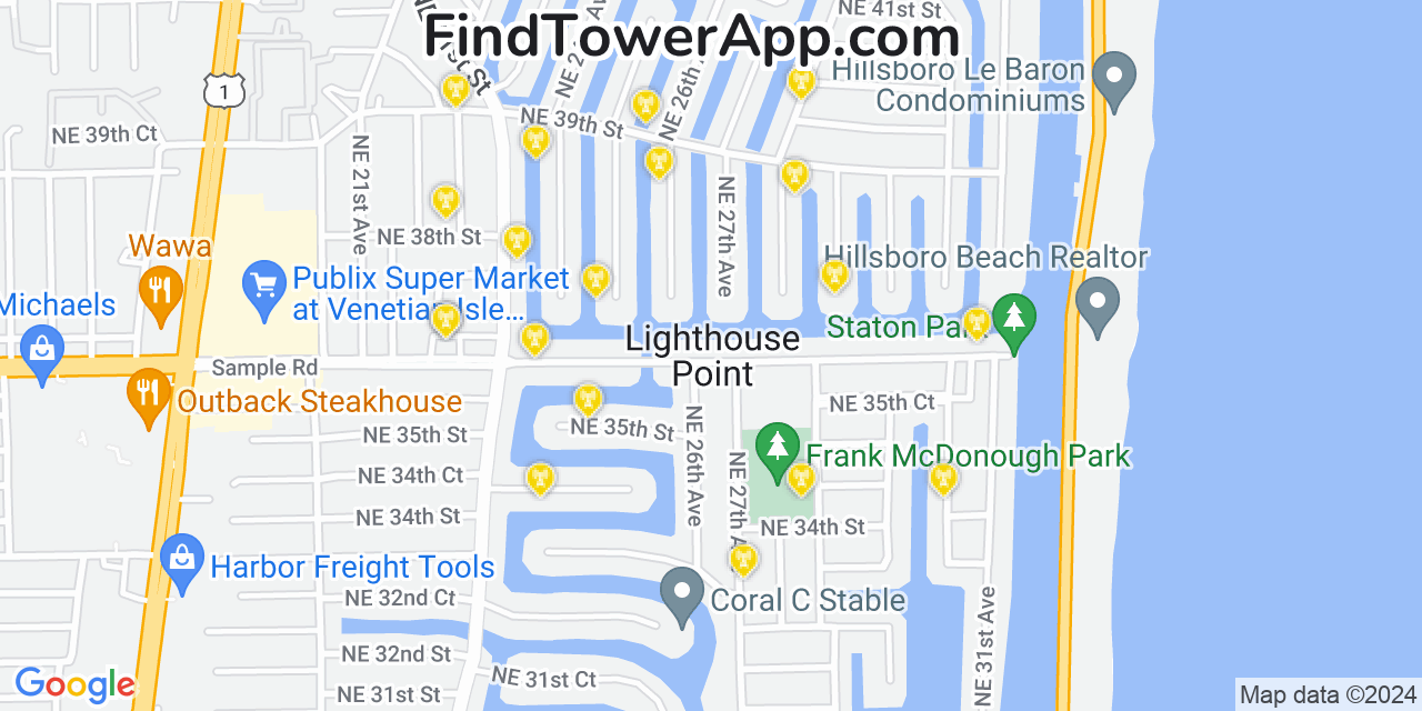 AT&T 4G/5G cell tower coverage map Lighthouse Point, Florida
