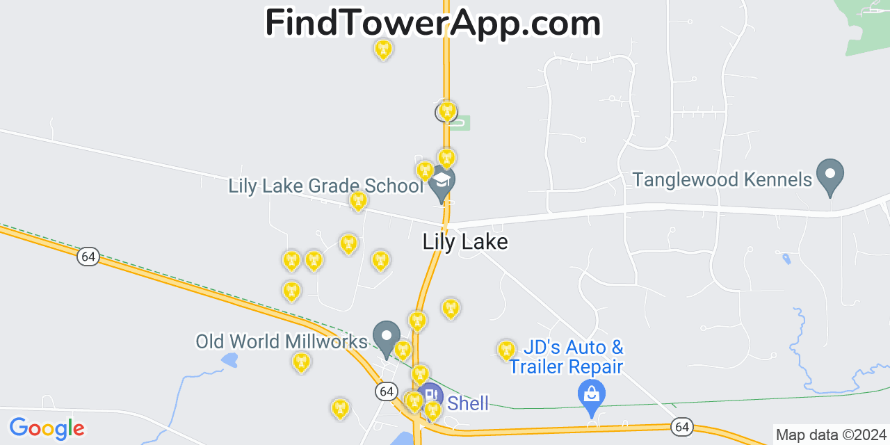 AT&T 4G/5G cell tower coverage map Lily Lake, Illinois
