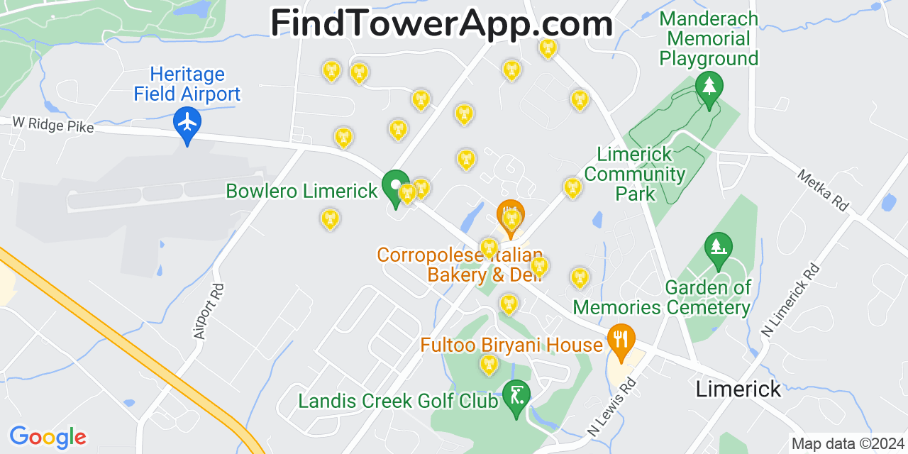 AT&T 4G/5G cell tower coverage map Limerick, Pennsylvania