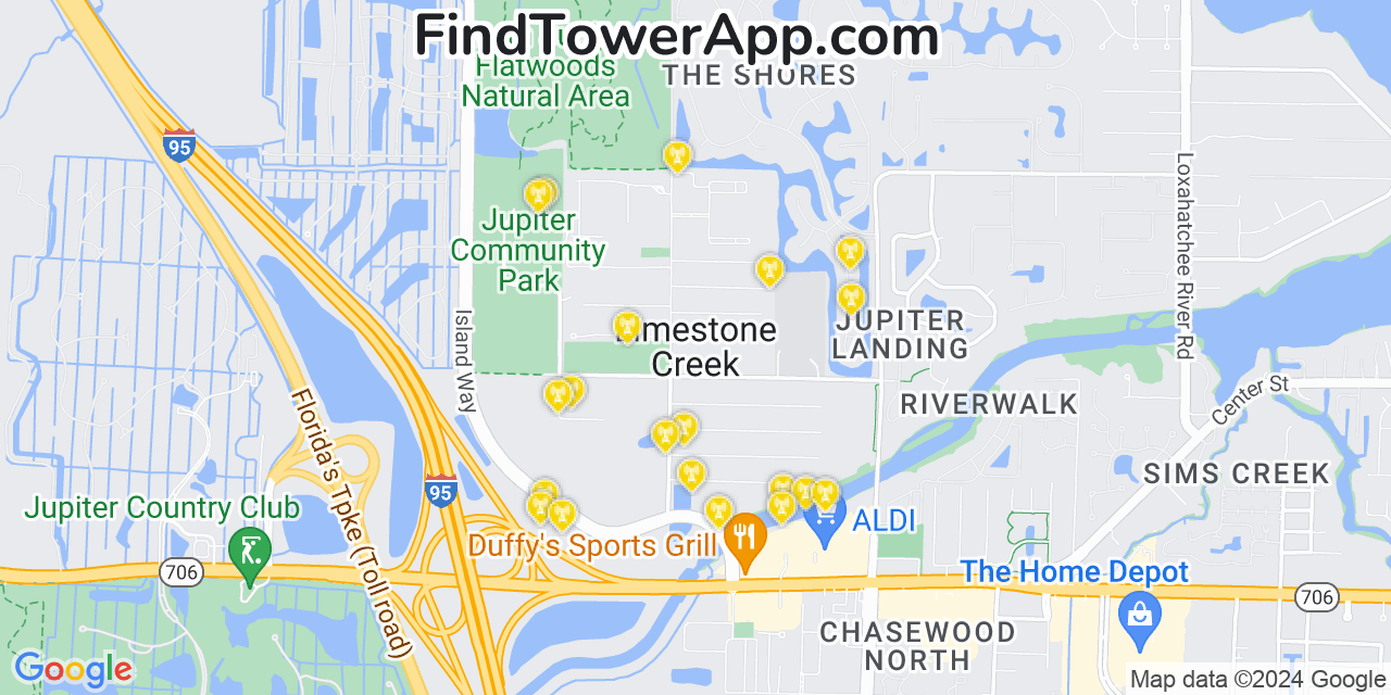 AT&T 4G/5G cell tower coverage map Limestone Creek, Florida