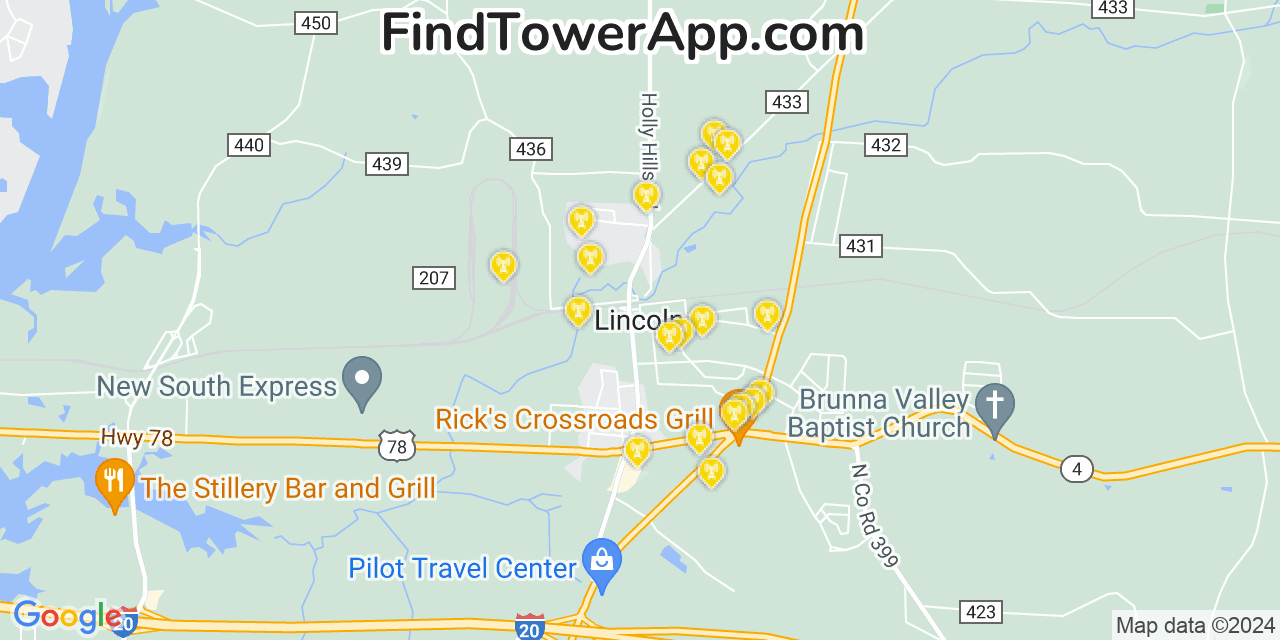 AT&T 4G/5G cell tower coverage map Lincoln, Alabama