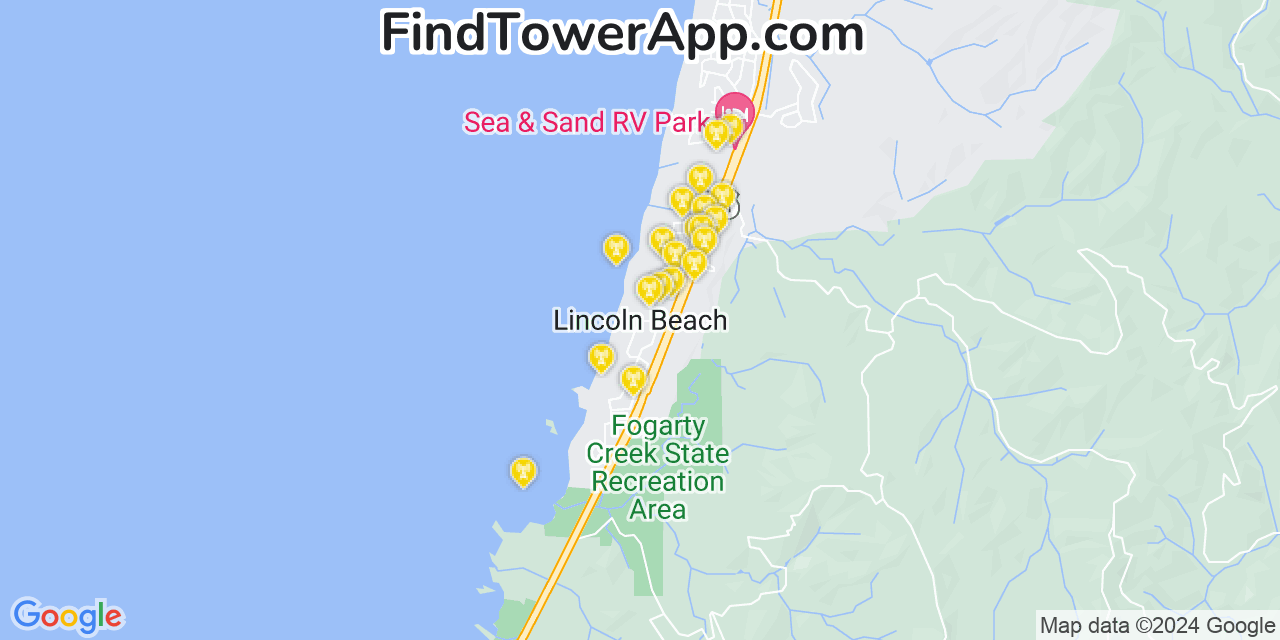 AT&T 4G/5G cell tower coverage map Lincoln Beach, Oregon