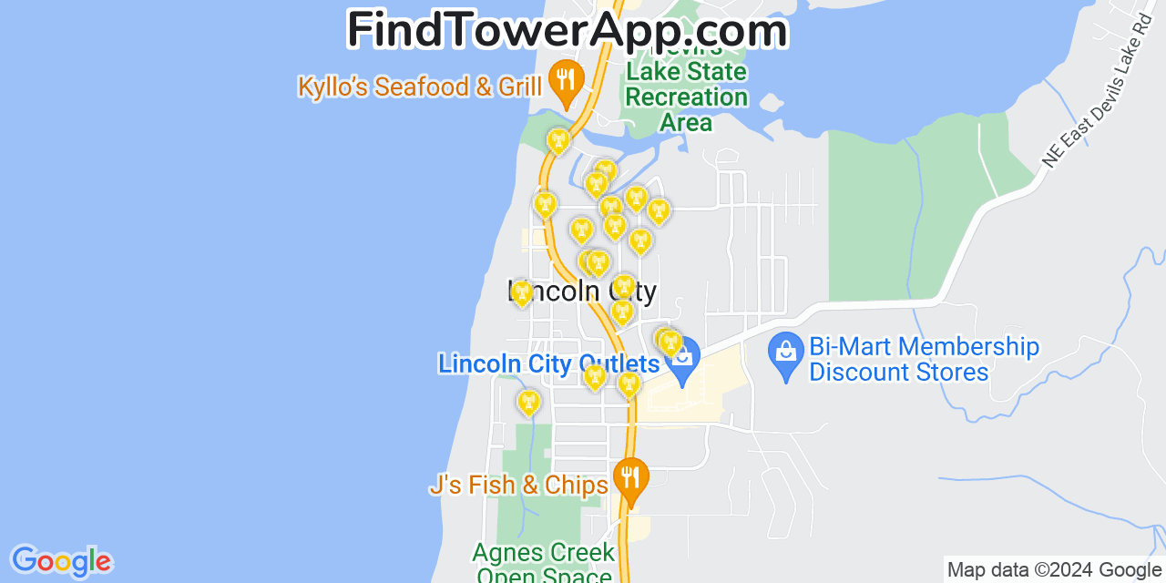 AT&T 4G/5G cell tower coverage map Lincoln City, Oregon