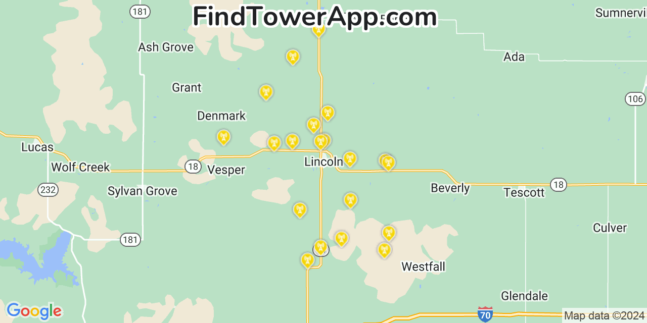AT&T 4G/5G cell tower coverage map Lincoln, Kansas