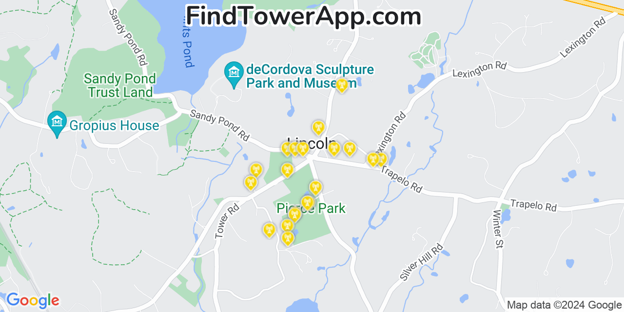 AT&T 4G/5G cell tower coverage map Lincoln, Massachusetts