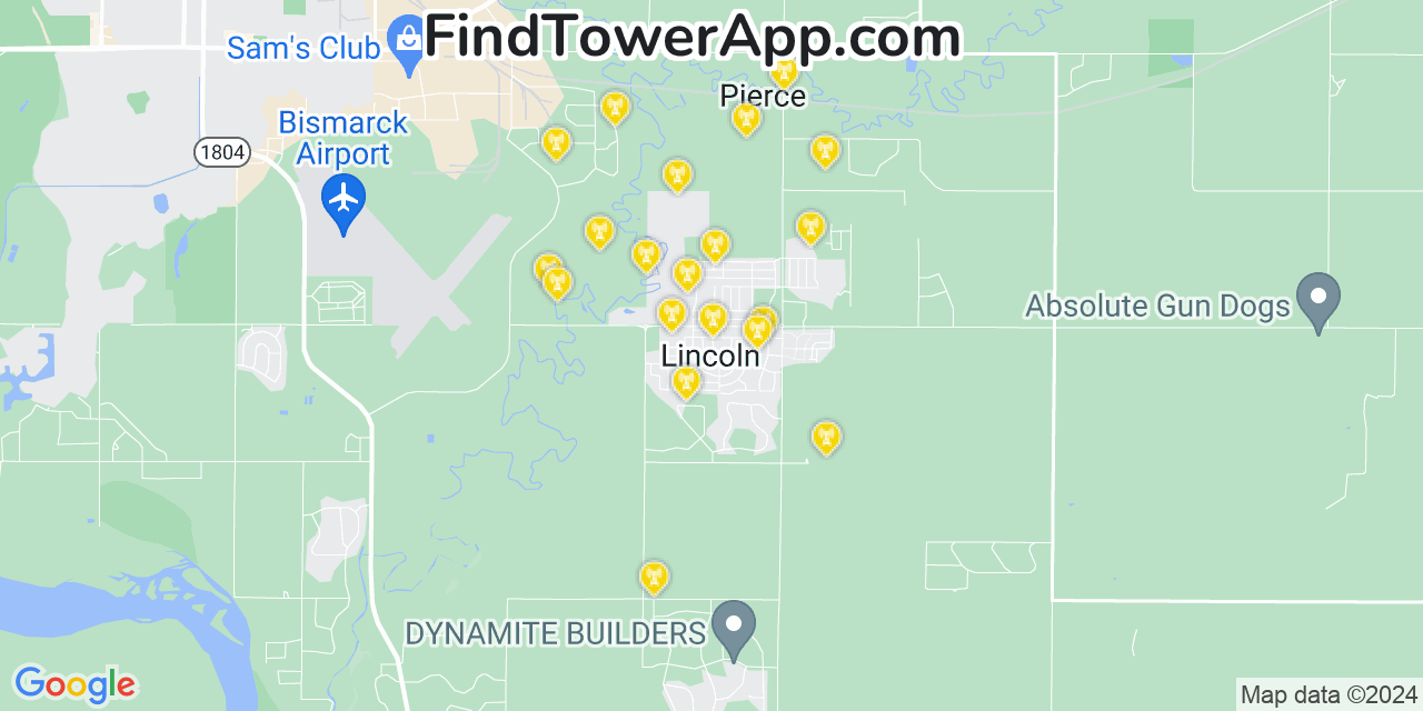 AT&T 4G/5G cell tower coverage map Lincoln, North Dakota