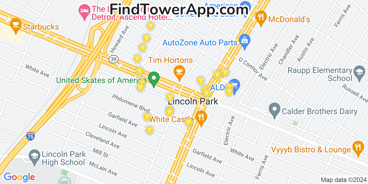 AT&T 4G/5G cell tower coverage map Lincoln Park, Michigan