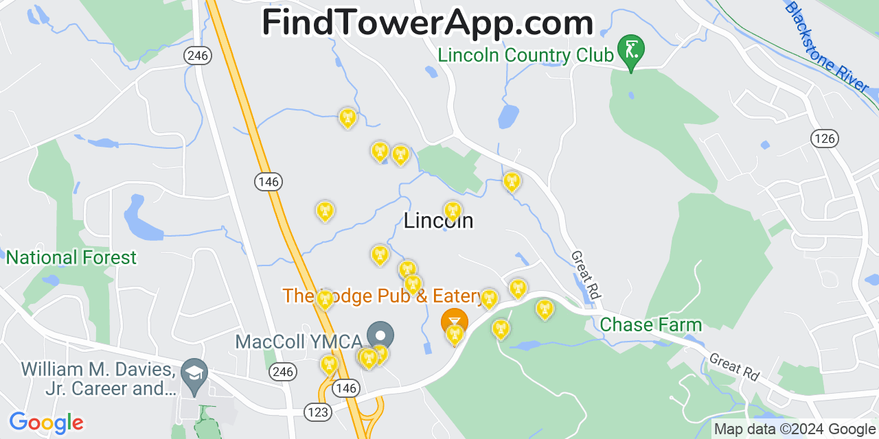 AT&T 4G/5G cell tower coverage map Lincoln, Rhode Island