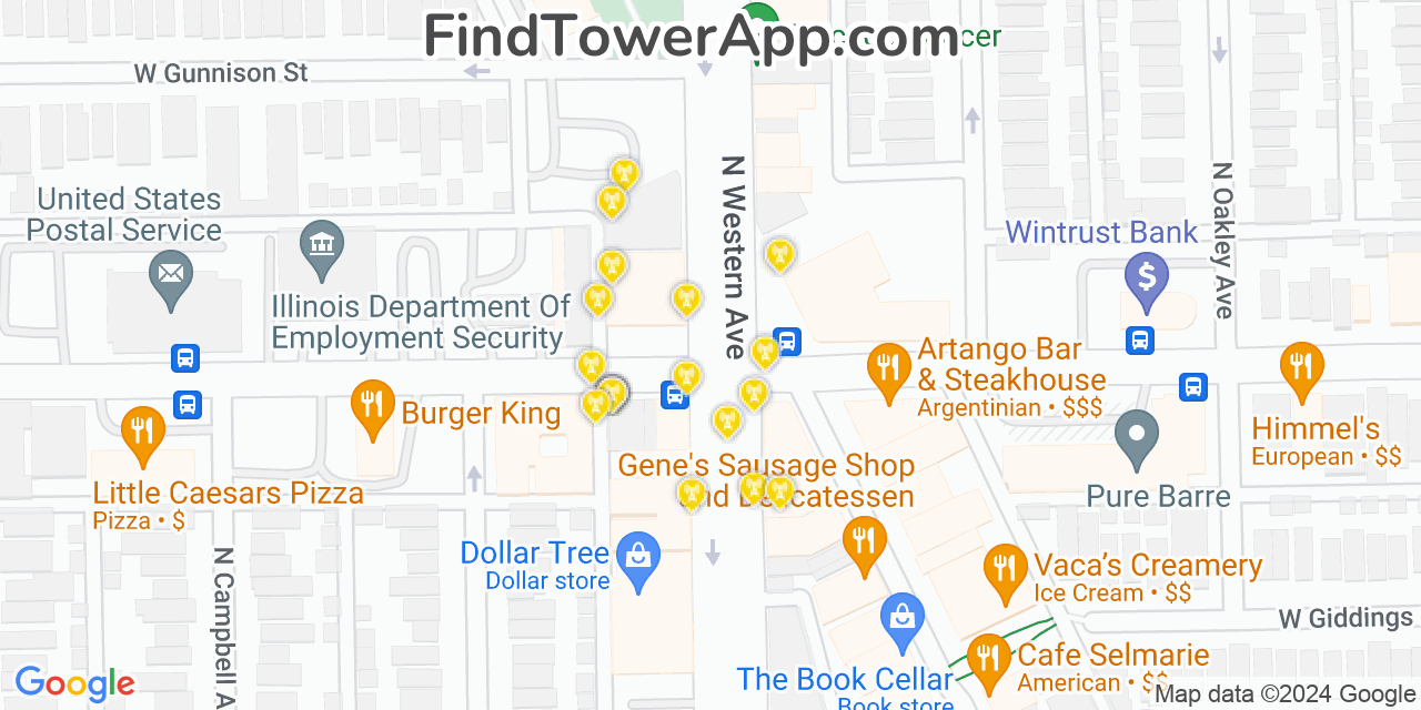 AT&T 4G/5G cell tower coverage map Lincoln Square, Illinois