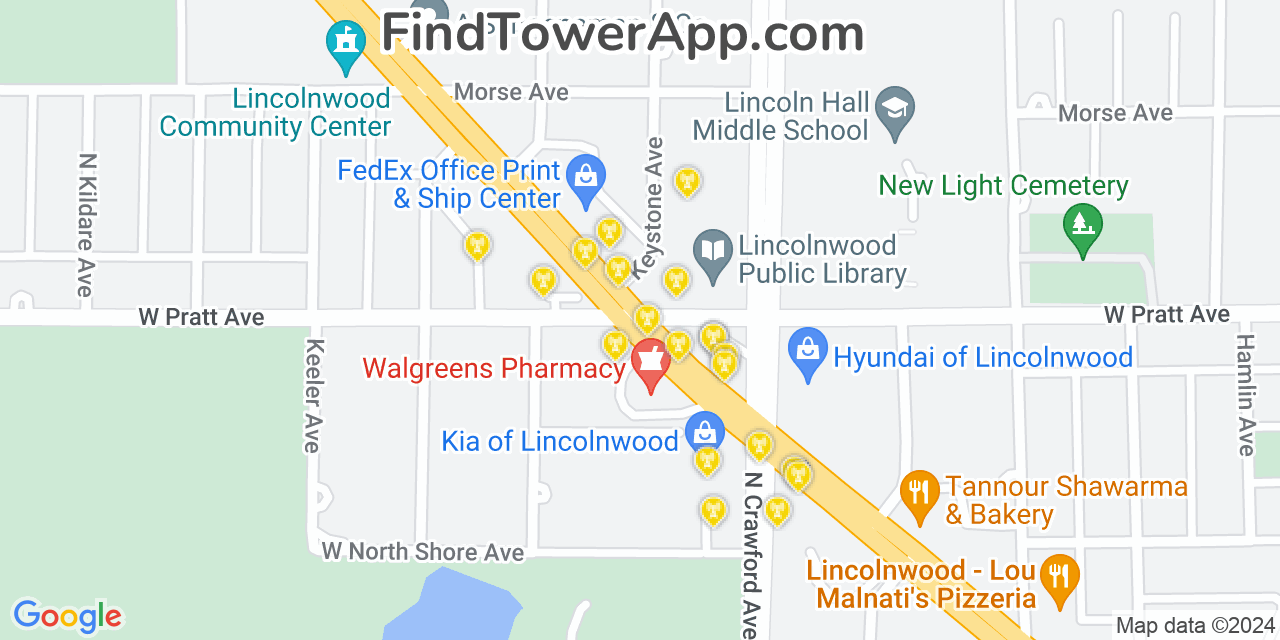 AT&T 4G/5G cell tower coverage map Lincolnwood, Illinois