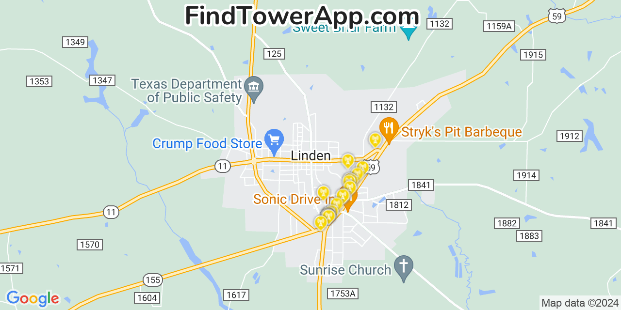 AT&T 4G/5G cell tower coverage map Linden, Texas