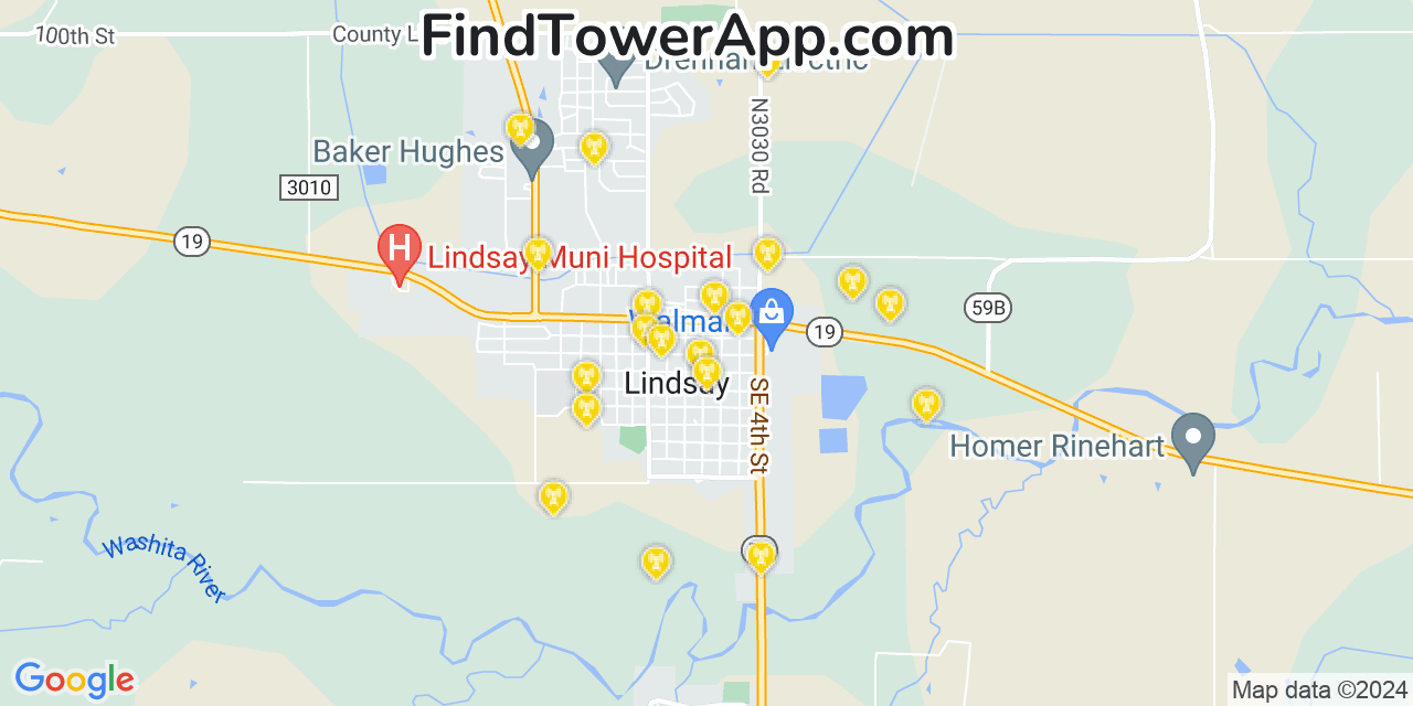 AT&T 4G/5G cell tower coverage map Lindsay, Oklahoma
