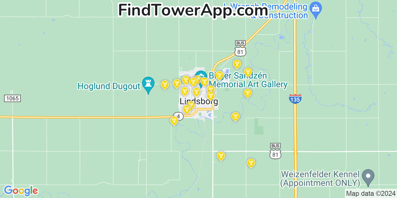 AT&T 4G/5G cell tower coverage map Lindsborg, Kansas