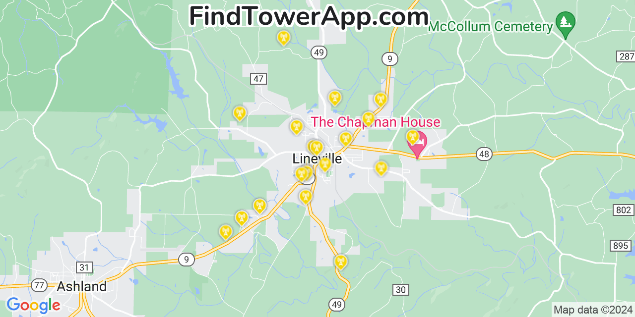 AT&T 4G/5G cell tower coverage map Lineville, Alabama