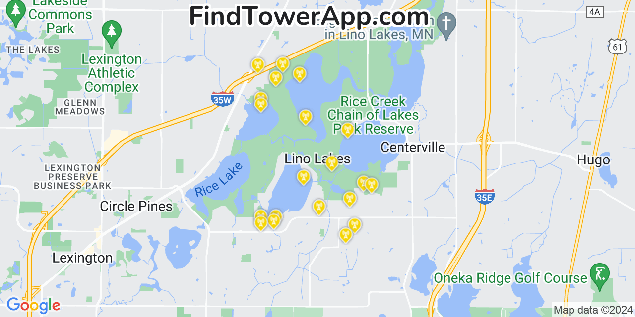 AT&T 4G/5G cell tower coverage map Lino Lakes, Minnesota