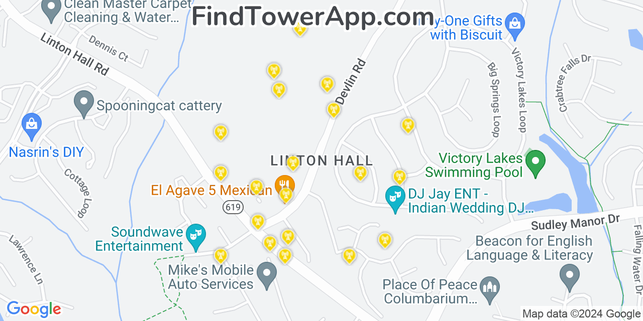 AT&T 4G/5G cell tower coverage map Linton Hall, Virginia