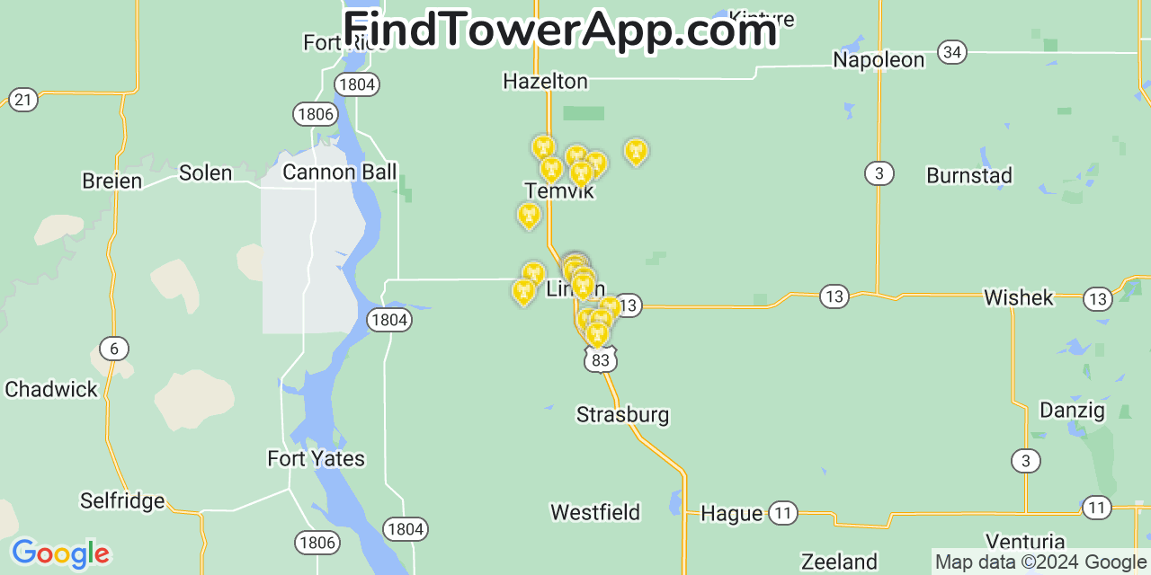 Verizon 4G/5G cell tower coverage map Linton, North Dakota