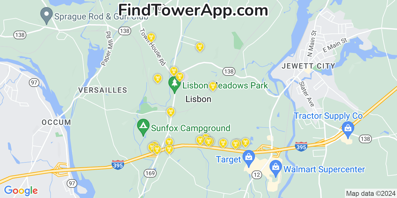 AT&T 4G/5G cell tower coverage map Lisbon, Connecticut