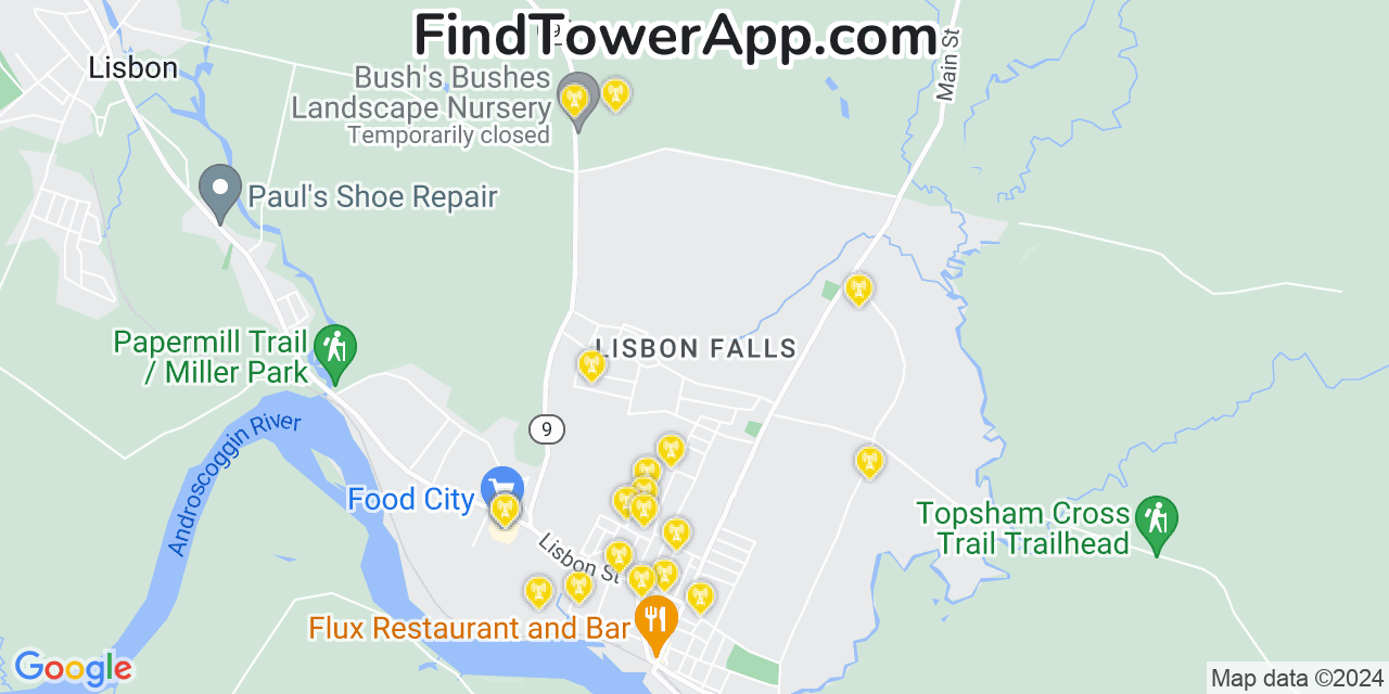 AT&T 4G/5G cell tower coverage map Lisbon Falls, Maine