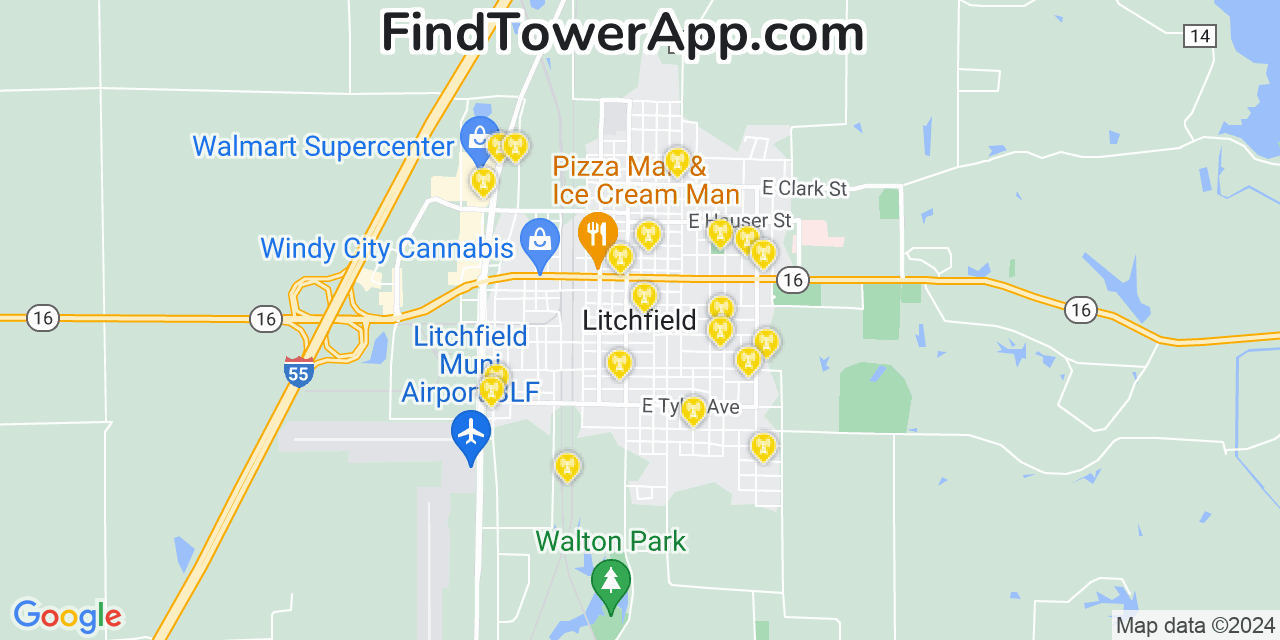 AT&T 4G/5G cell tower coverage map Litchfield, Illinois