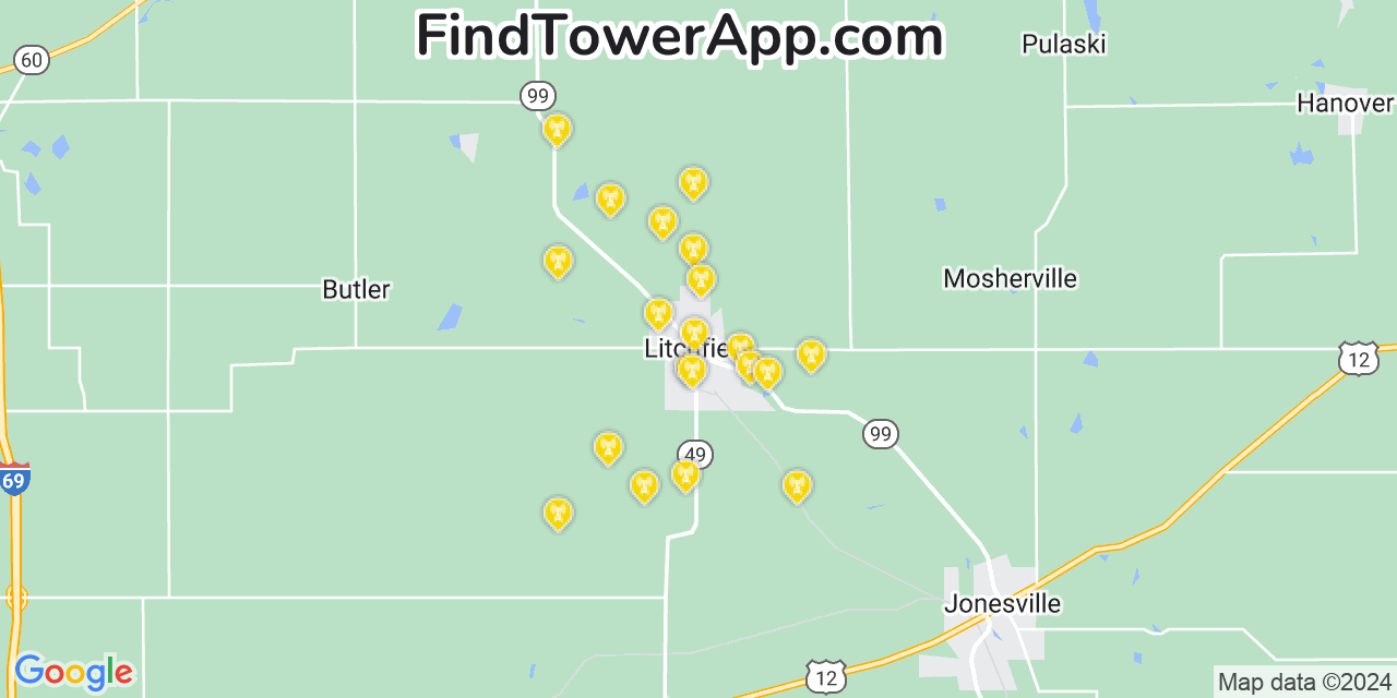 AT&T 4G/5G cell tower coverage map Litchfield, Michigan