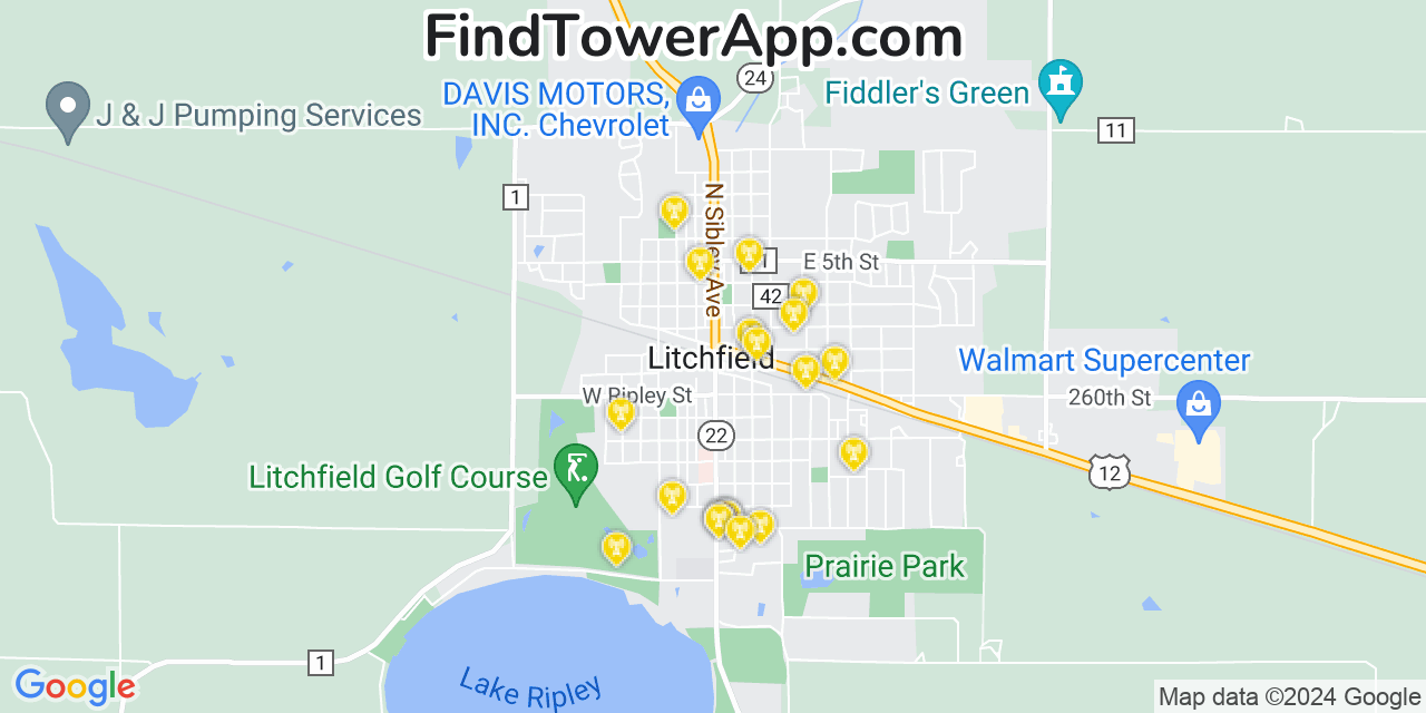 AT&T 4G/5G cell tower coverage map Litchfield, Minnesota