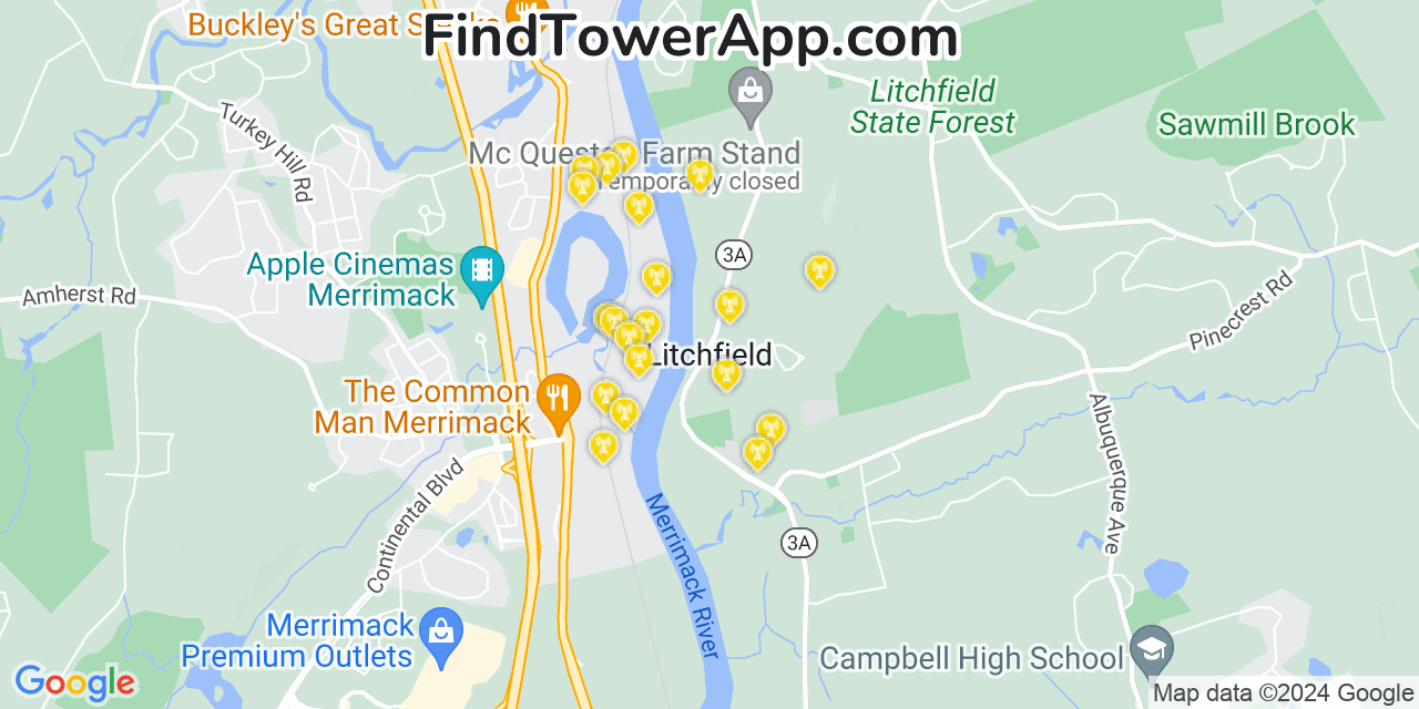 AT&T 4G/5G cell tower coverage map Litchfield, New Hampshire