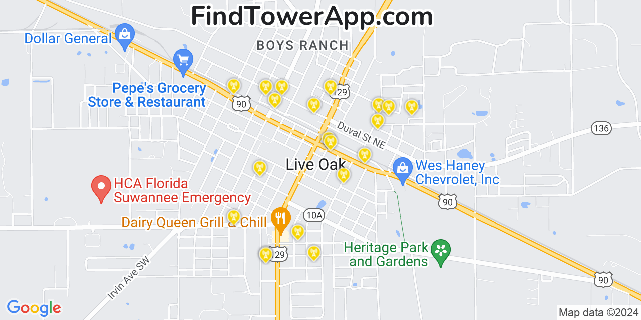 AT&T 4G/5G cell tower coverage map Live Oak, Florida