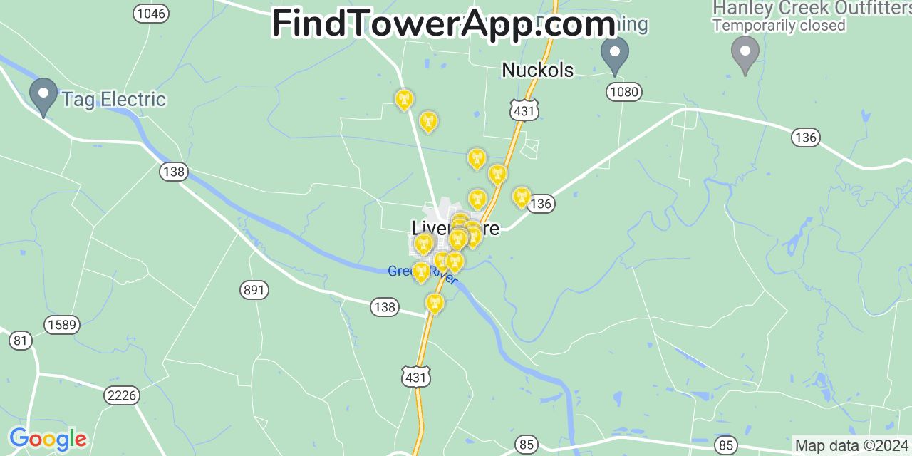 AT&T 4G/5G cell tower coverage map Livermore, Kentucky