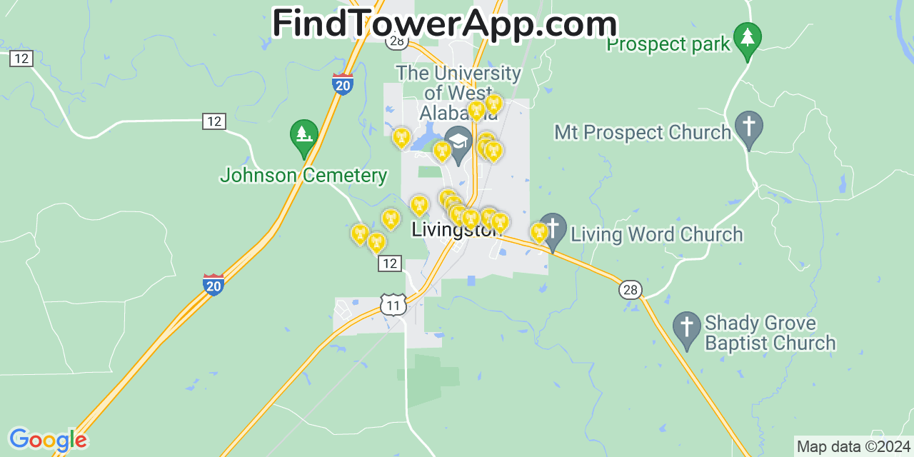 Verizon 4G/5G cell tower coverage map Livingston, Alabama