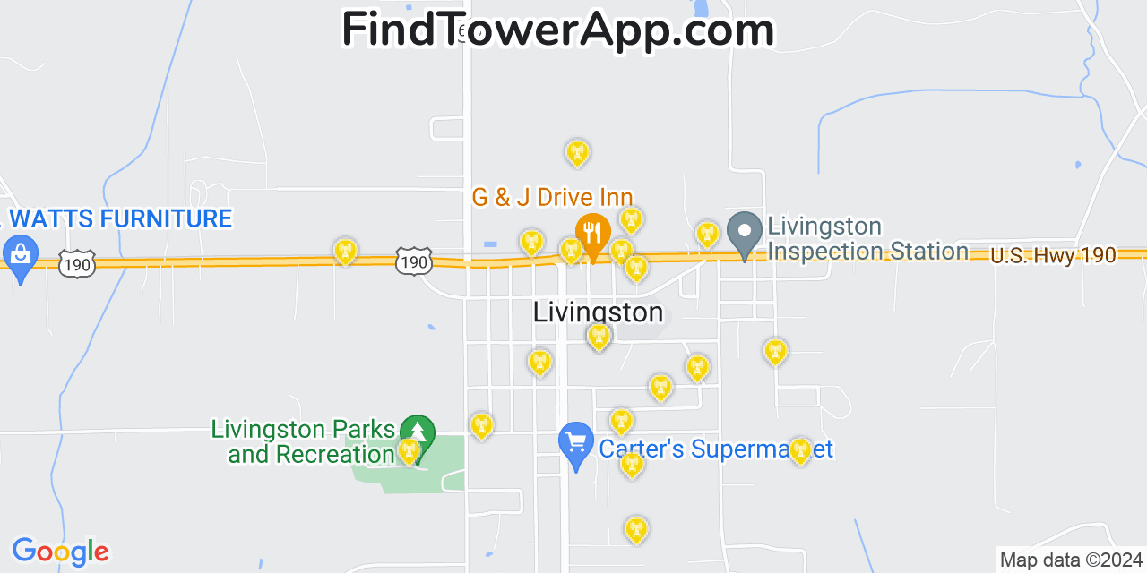 AT&T 4G/5G cell tower coverage map Livingston, Louisiana