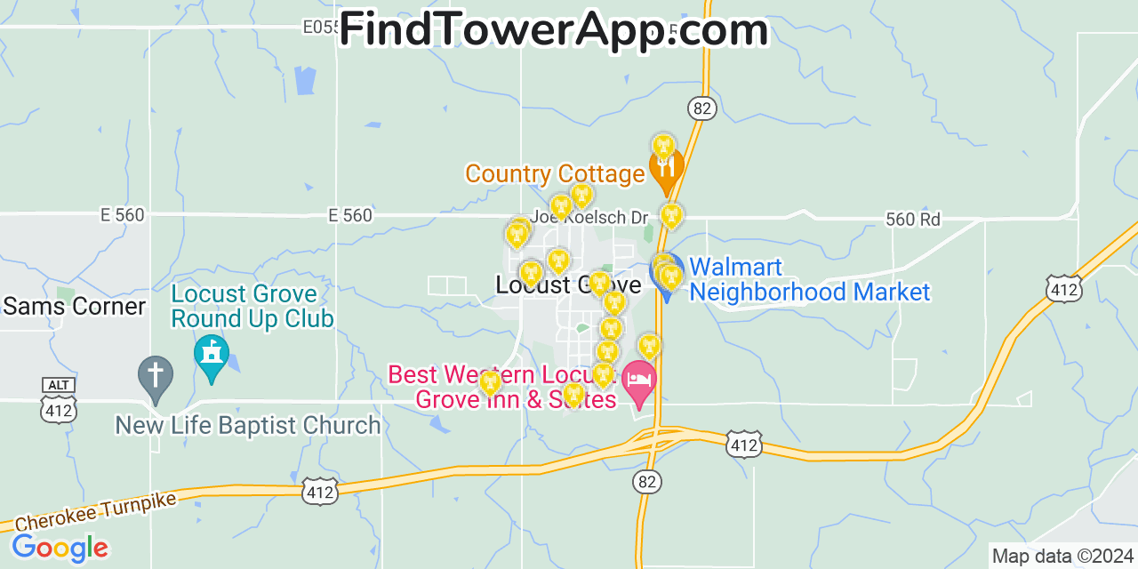 AT&T 4G/5G cell tower coverage map Locust Grove, Oklahoma