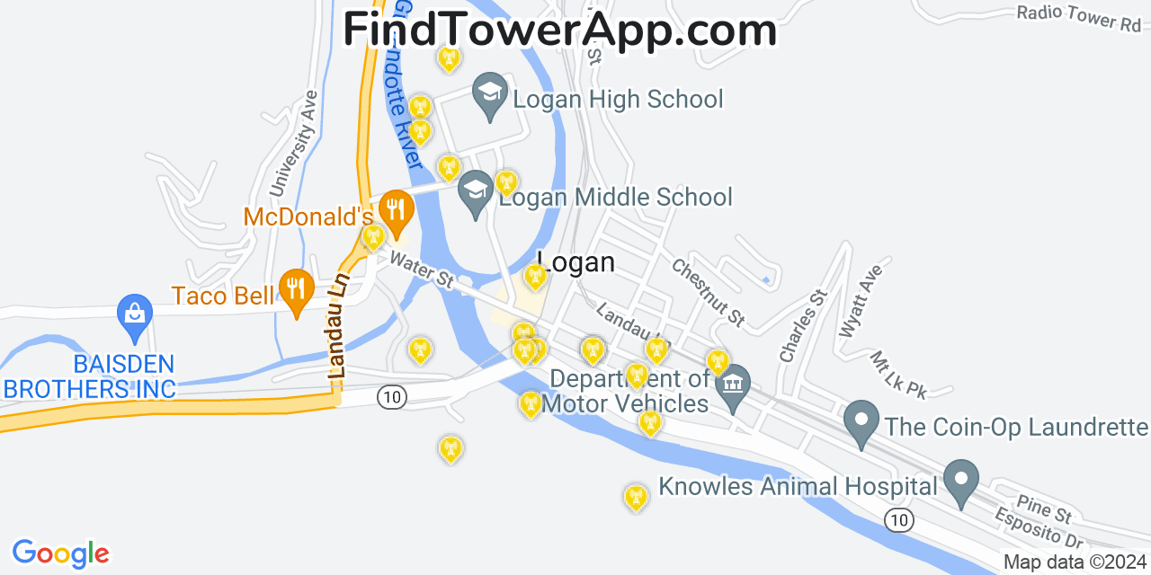 AT&T 4G/5G cell tower coverage map Logan, West Virginia