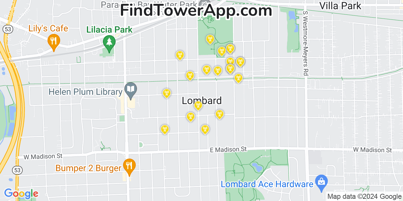 AT&T 4G/5G cell tower coverage map Lombard, Illinois