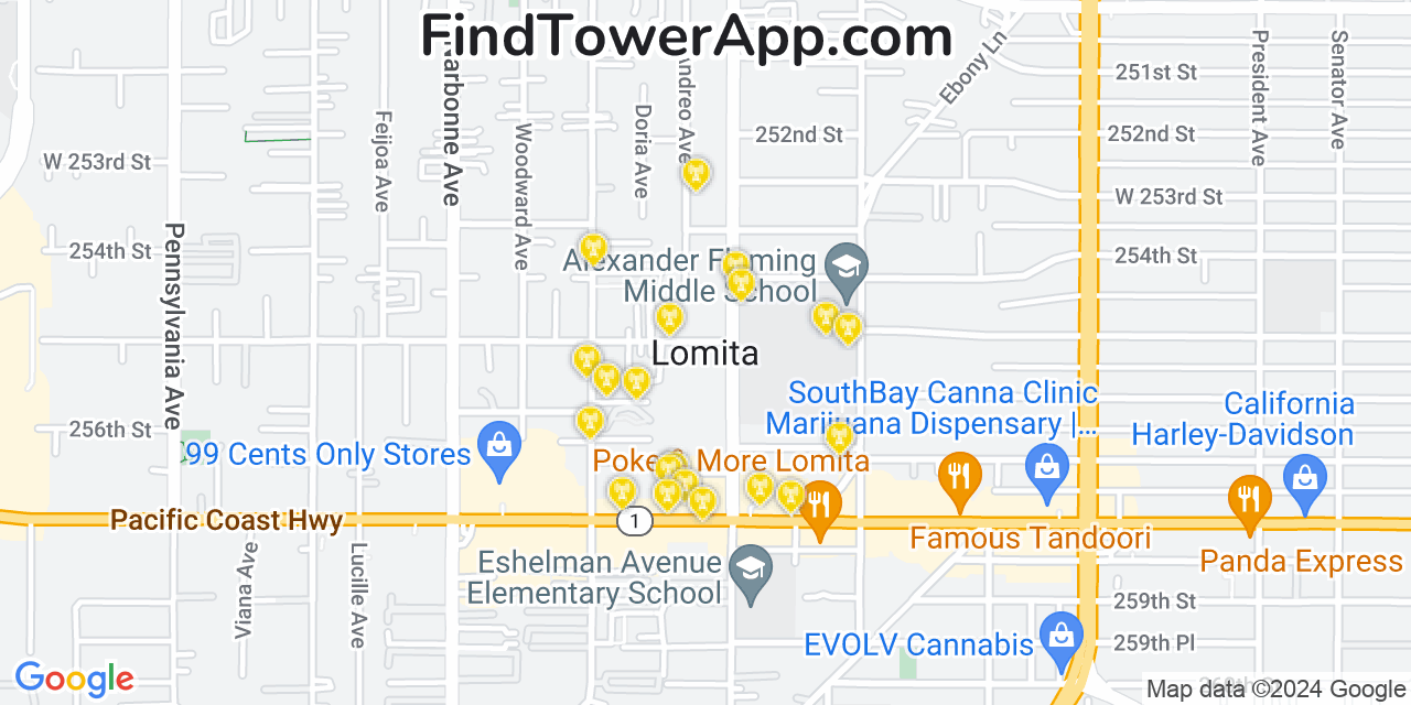 Verizon 4G/5G cell tower coverage map Lomita, California