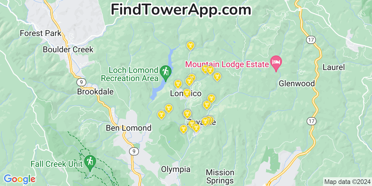 AT&T 4G/5G cell tower coverage map Lompico, California