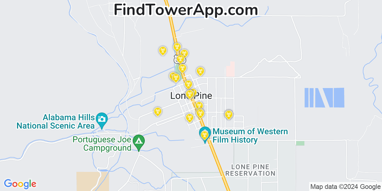 AT&T 4G/5G cell tower coverage map Lone Pine, California