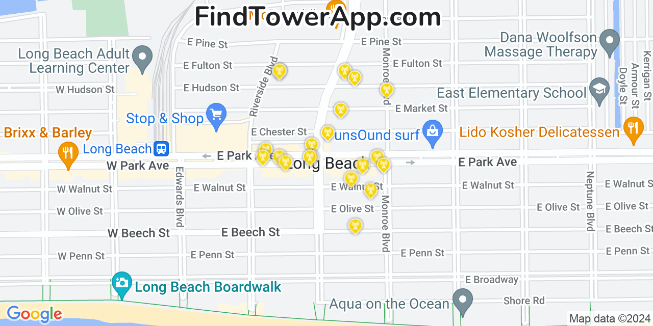 AT&T 4G/5G cell tower coverage map Long Beach, New York