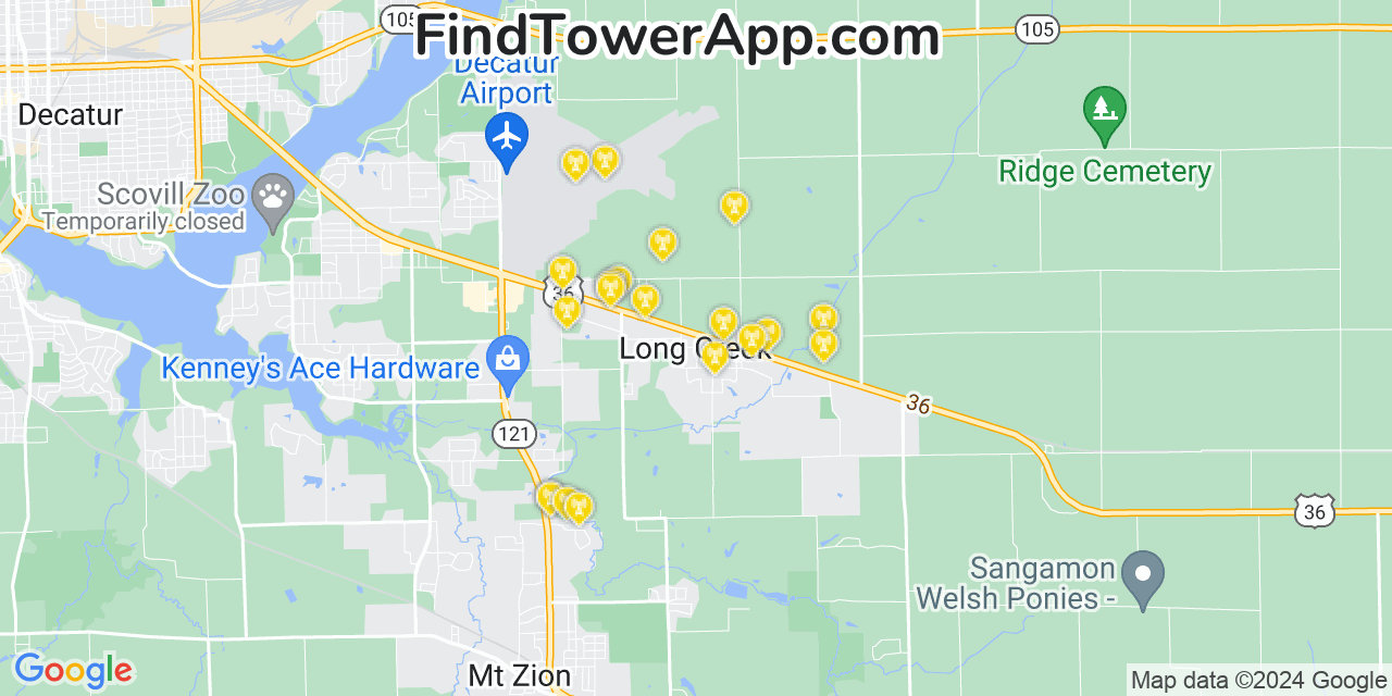 AT&T 4G/5G cell tower coverage map Long Creek, Illinois