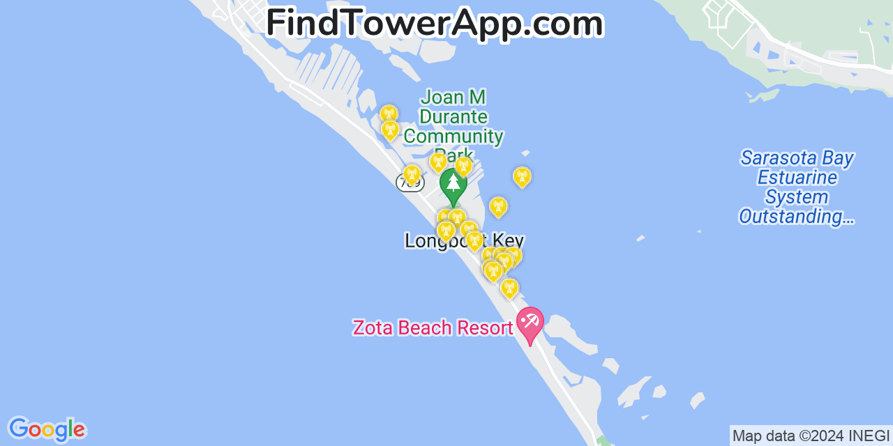 AT&T 4G/5G cell tower coverage map Longboat Key, Florida