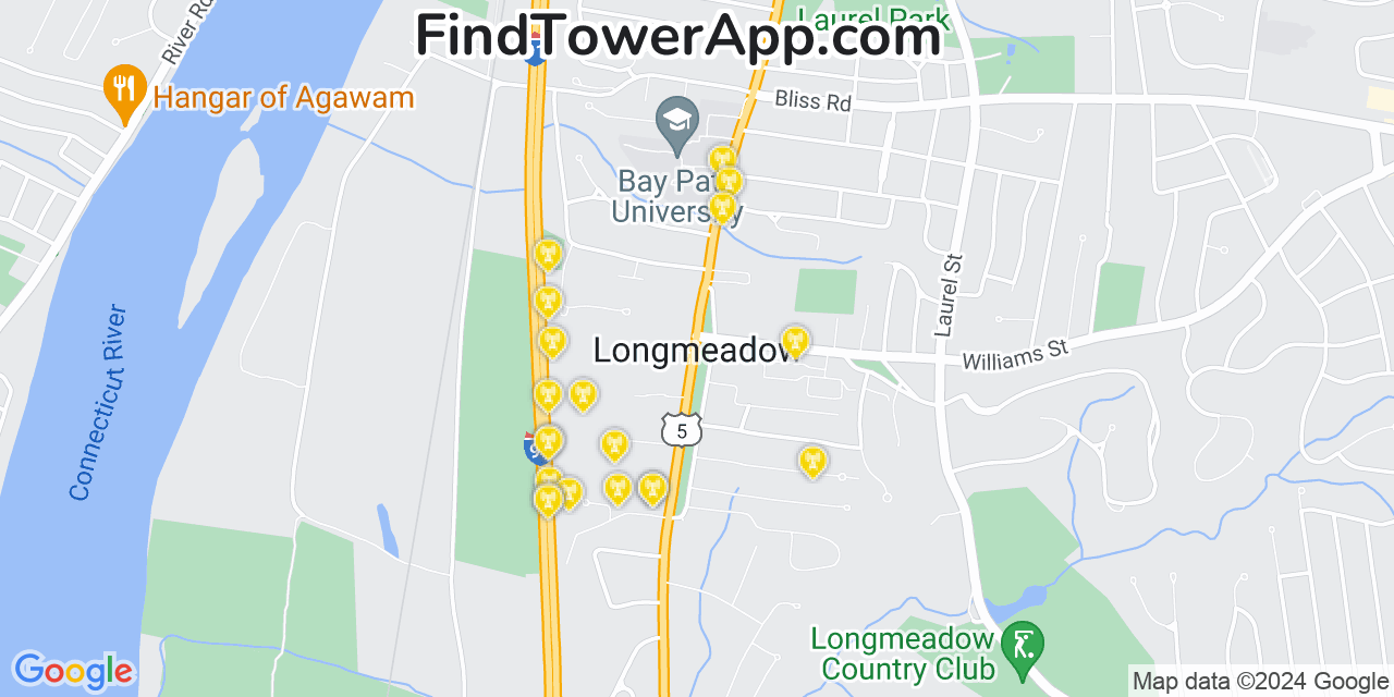AT&T 4G/5G cell tower coverage map Longmeadow, Massachusetts