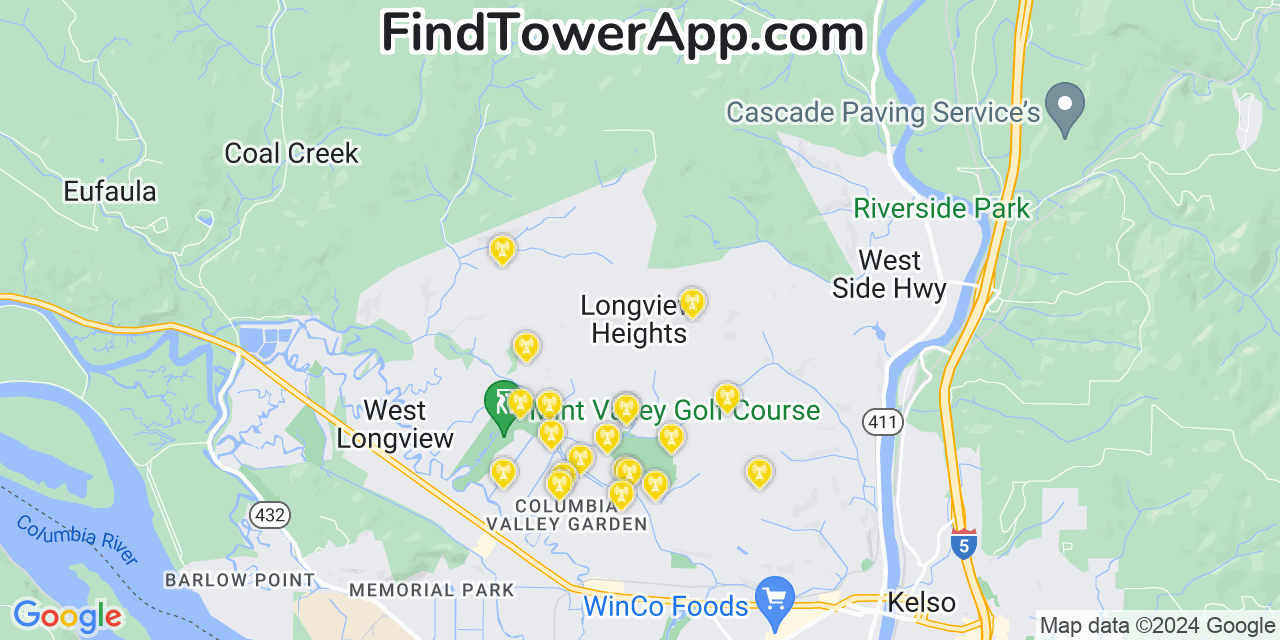 AT&T 4G/5G cell tower coverage map Longview Heights, Washington