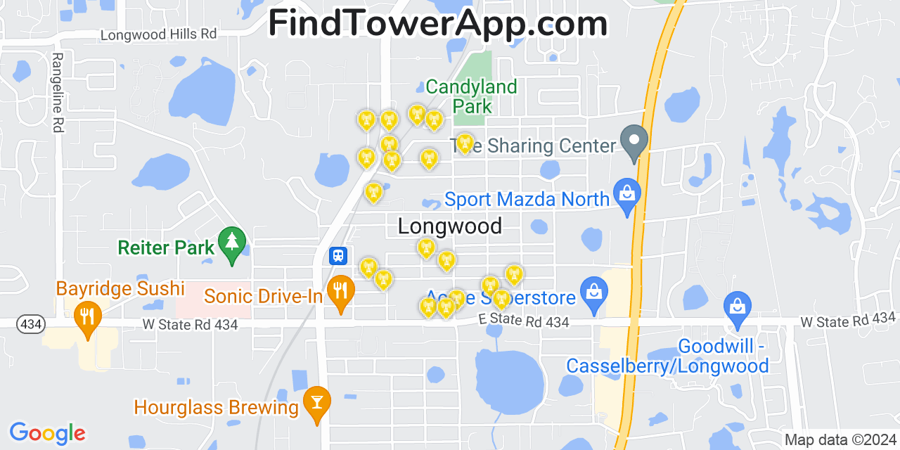 AT&T 4G/5G cell tower coverage map Longwood, Florida