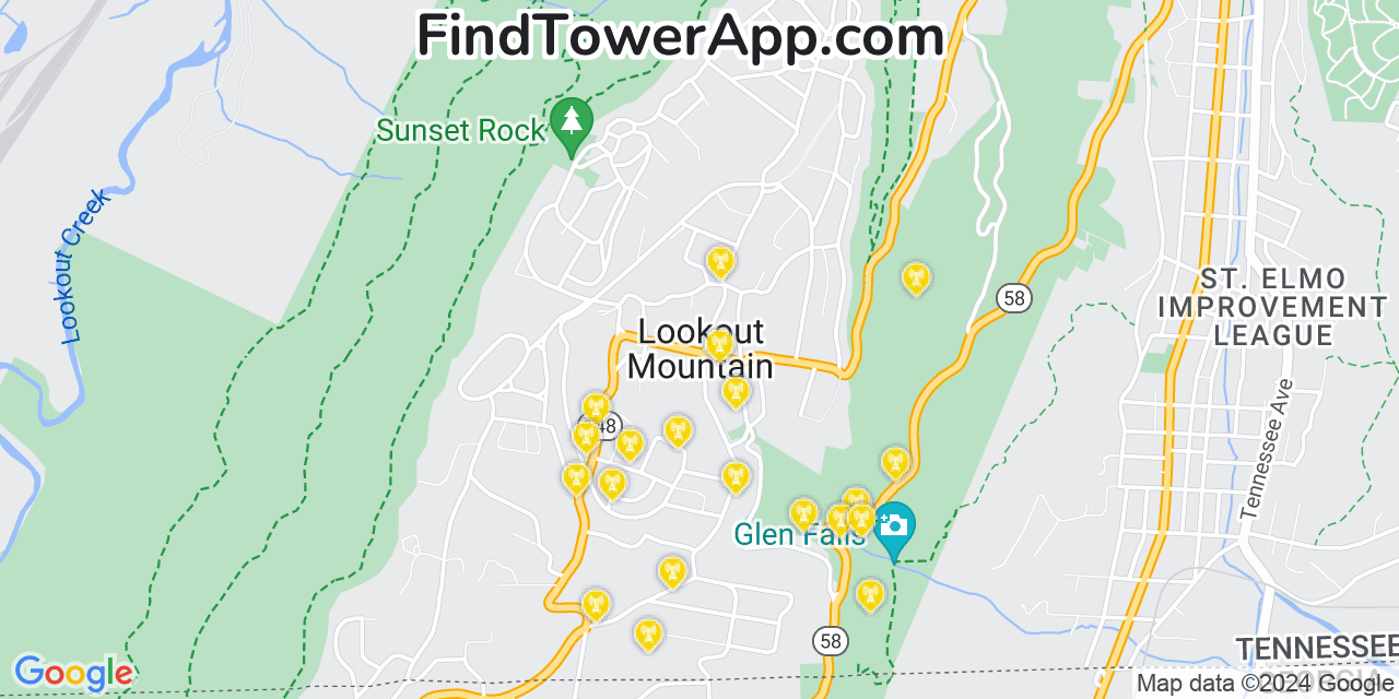 AT&T 4G/5G cell tower coverage map Lookout Mountain, Tennessee
