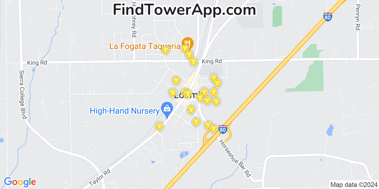 AT&T 4G/5G cell tower coverage map Loomis, California