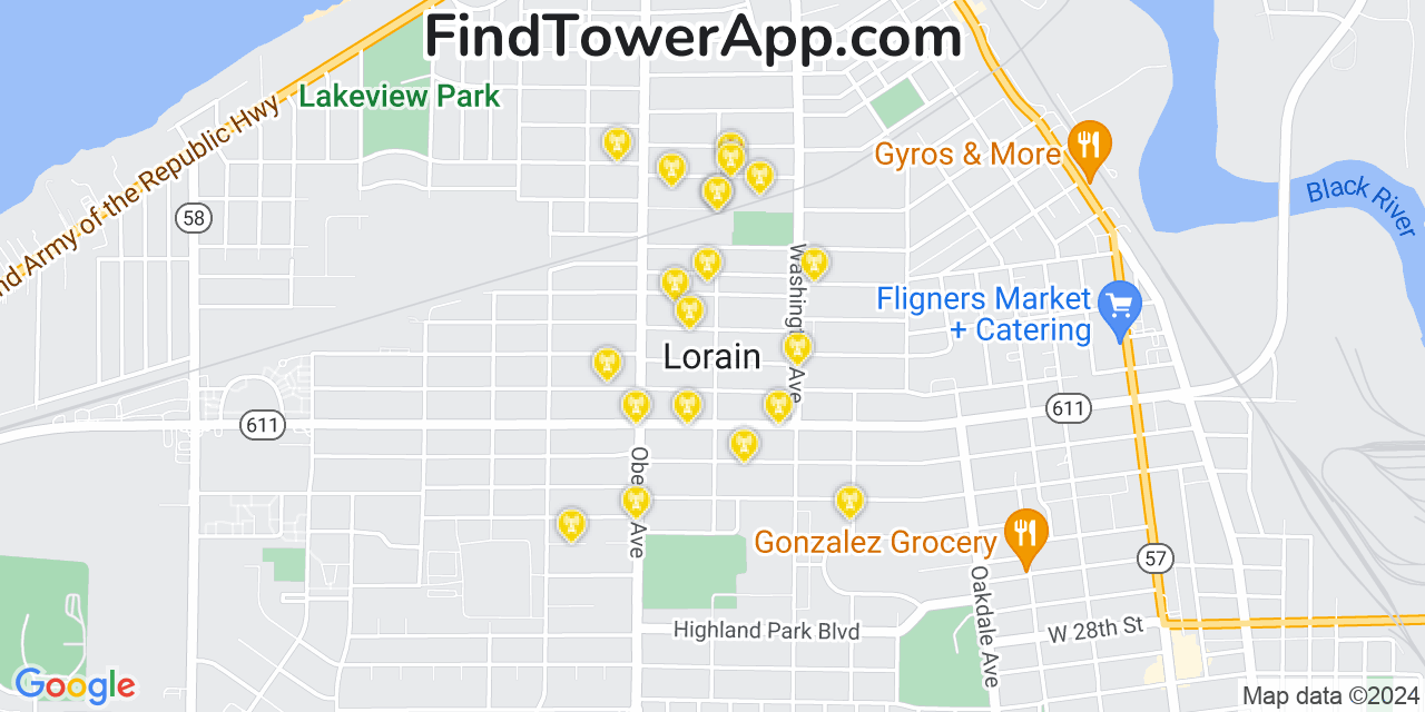 AT&T 4G/5G cell tower coverage map Lorain, Ohio