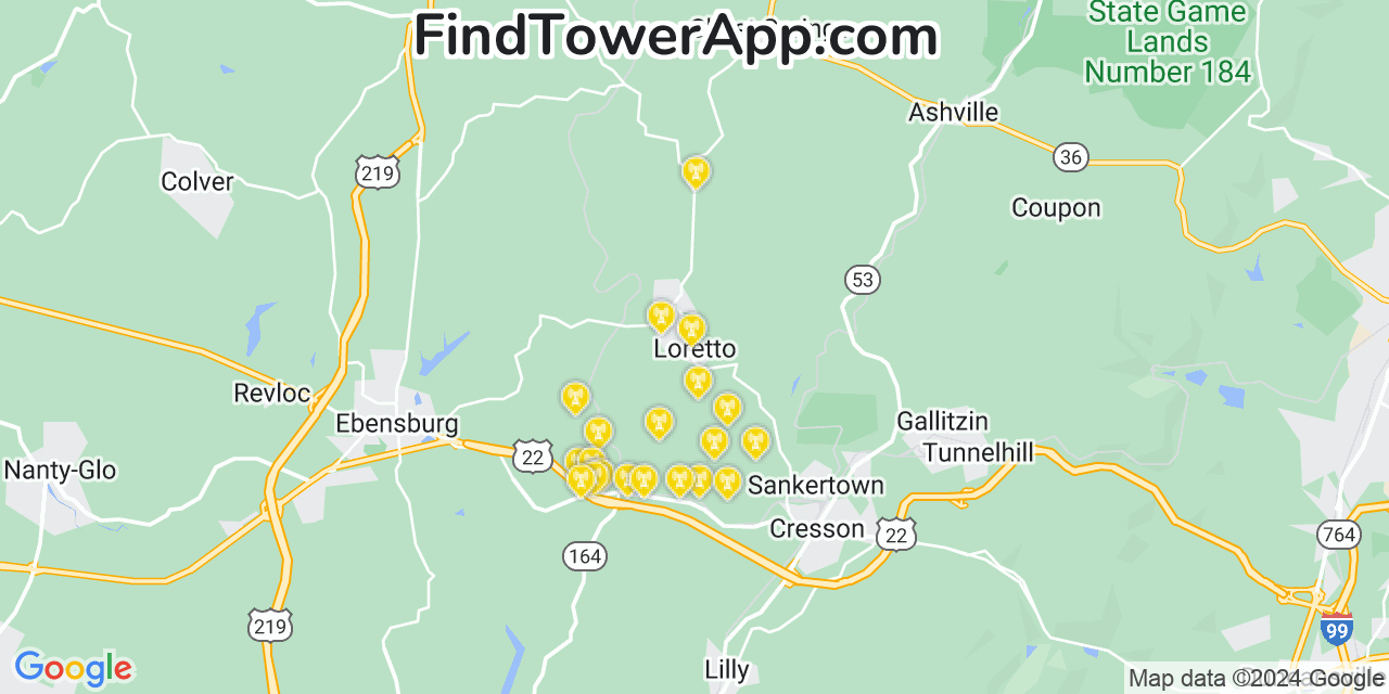 AT&T 4G/5G cell tower coverage map Loretto, Pennsylvania